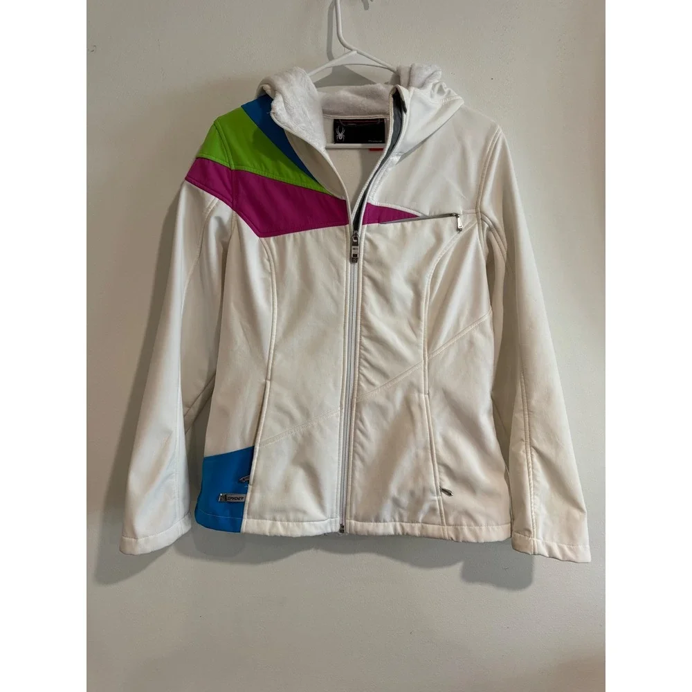 Spyder Softshell Fleece Lined Jacket Girls Large White‎ Colorblock Hooded